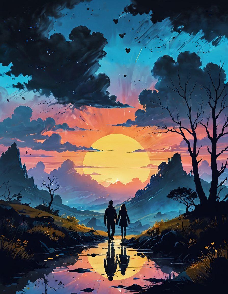 An abstract landscape illustrating a blend of soft, melancholic blues and yellows depicting a sun breaking through dark clouds. Silhouetted gaming characters can be seen navigating the terrain, symbolizing emotional journeys. Include elements like floating hearts and rain droplets to represent feelings in the gaming experience. The atmosphere should evoke both sadness and hope, illuminating the contrast between melancholy and joy. surrealism. vibrant colors.